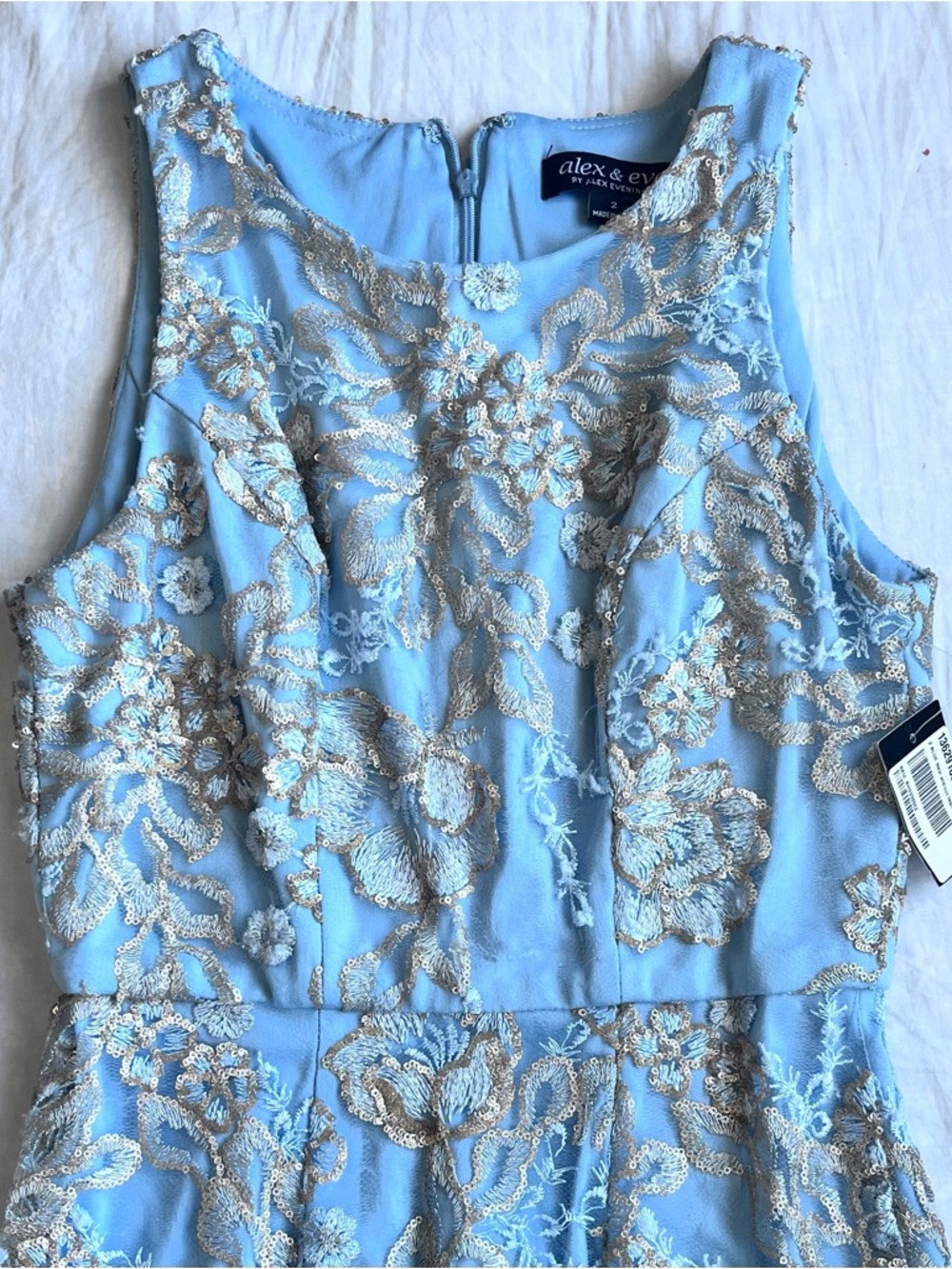 alex evenings powder blue embroidered prom dress with gold lace overlay